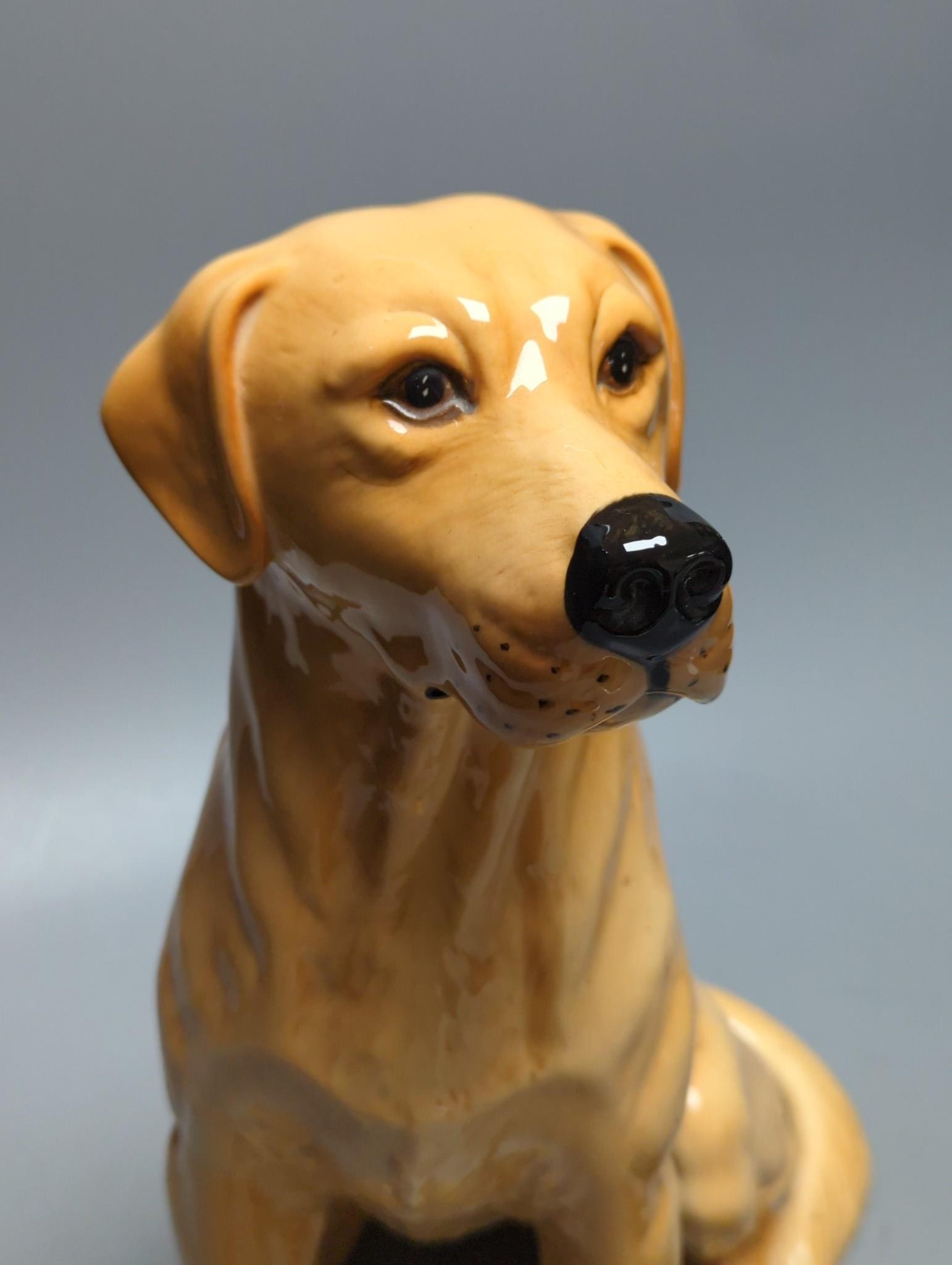A large Royal Doulton figure of a seated Labrador (No. 2314), height 34cm, a small Beswick Airedale Terrier and another (3)